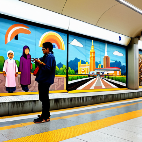 Home 15 A diverse group of Malaysian commuters, fully clothed in modest, contemporary attire, are admiring vibrant, large-scale murals and sculptures on the walls of a clean, modern LRT station platform in Kuala Lumpur. The scene depicts a natural pose with individuals observing the art, some pausing to take photographs. The station is well-lit, showcasing the detailed artistry of the public installations. Professional photography, high resolution, perfect anatomy, correct proportions, well-formed hands, natural body proportions, safe for work, appropriate content, family-friendly.