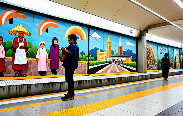 A diverse group of Malaysian commuters, fully clothed in modest, contemporary attire, are admiring vibrant, large-scale murals and sculptures on the walls of a clean, modern LRT station platform in Kuala Lumpur. The scene depicts a natural pose with individuals observing the art, some pausing to take photographs. The station is well-lit, showcasing the detailed artistry of the public installations. Professional photography, high resolution, perfect anatomy, correct proportions, well-formed hands, natural body proportions, safe for work, appropriate content, family-friendly.