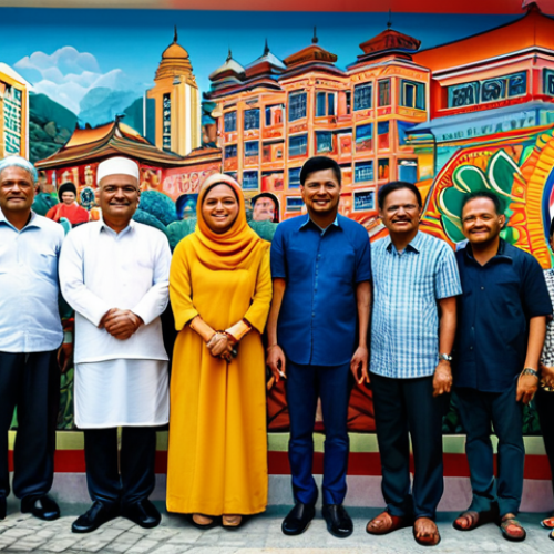 Home 14 ** A vibrant and detailed mural depicting a diverse community in Kuala Lumpur, celebrating cultural unity and tolerance, fully clothed, appropriate content, safe for work, perfect anatomy, natural proportions, professional, modest, family-friendly. The mural integrates elements of Malaysian heritage and modern life.
**