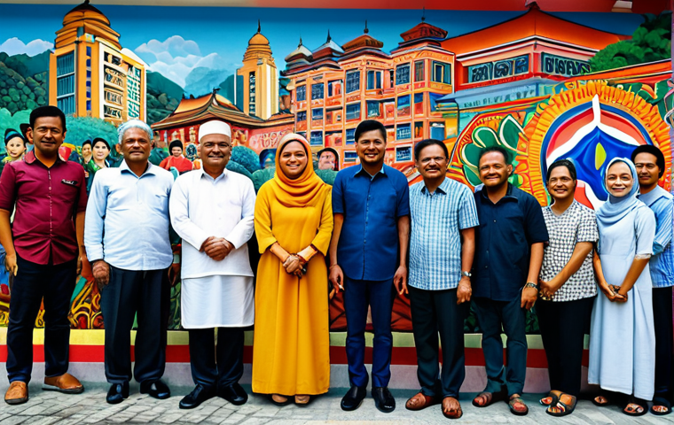 ** A vibrant and detailed mural depicting a diverse community in Kuala Lumpur, celebrating cultural unity and tolerance, fully clothed, appropriate content, safe for work, perfect anatomy, natural proportions, professional, modest, family-friendly. The mural integrates elements of Malaysian heritage and modern life.
**