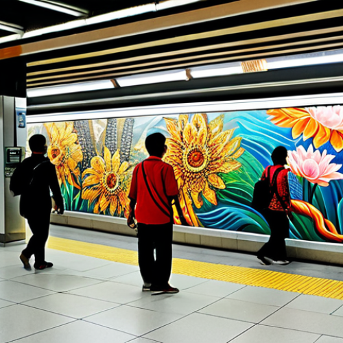 Home 7 **
"A vibrant mural depicting local Malaysian culture in a busy KL Sentral station, commuters passing by, fully clothed, appropriate attire, safe for work, perfect anatomy, natural proportions, professional photography, high quality, family-friendly."
**