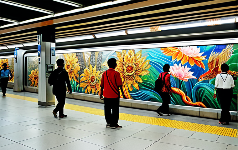 **
"A vibrant mural depicting local Malaysian culture in a busy KL Sentral station, commuters passing by, fully clothed, appropriate attire, safe for work, perfect anatomy, natural proportions, professional photography, high quality, family-friendly."
**